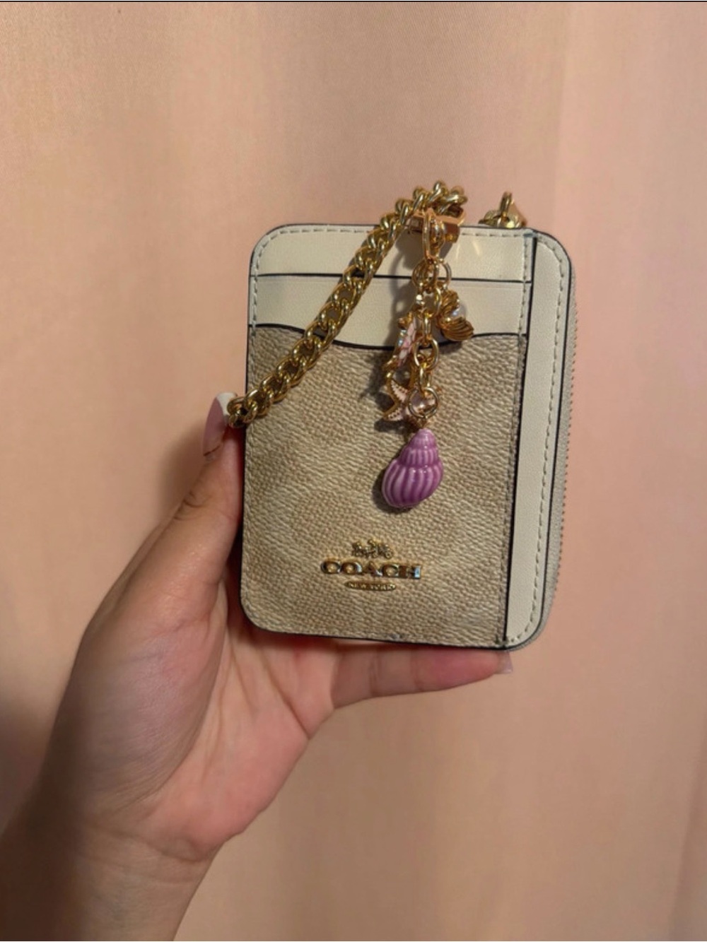 Coach Two-Tone Beige and White Card Holder with Gold Chain Charm